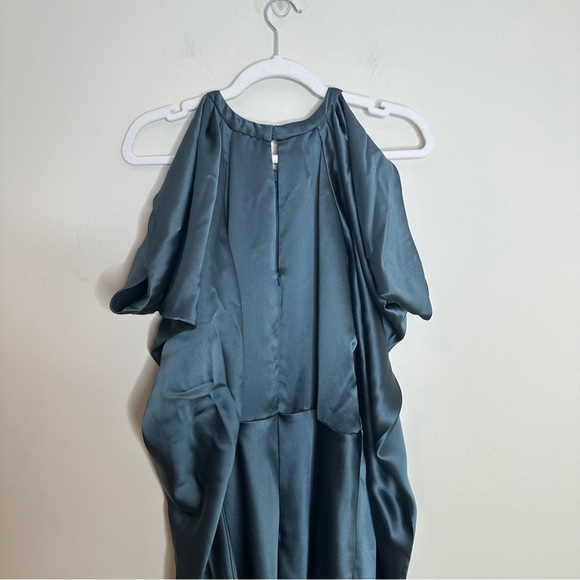 AMSALE Size 12 Women's Petrol Satin Cold Shoulder Evening Dress - Picture 11 of 11